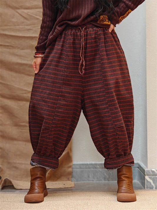 Women Winter Retro Stripe Cotton Padded Harem Pants