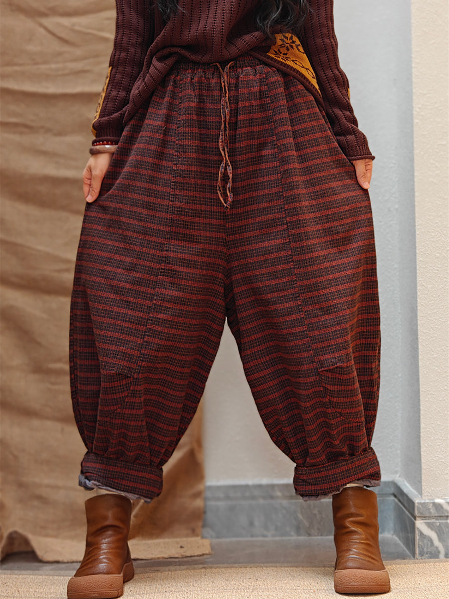 Women Winter Retro Stripe Cotton Padded Harem Pants