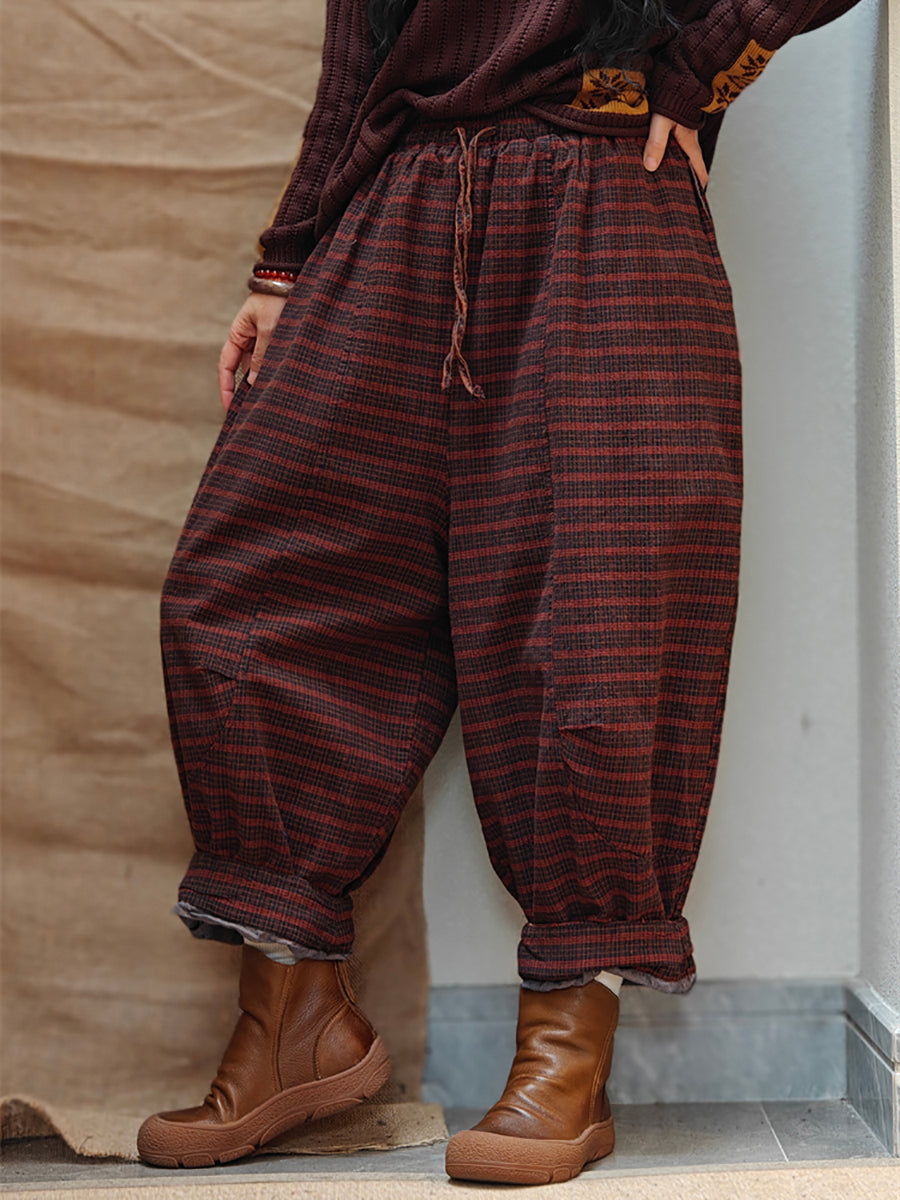 Women Winter Retro Stripe Cotton Padded Harem Pants