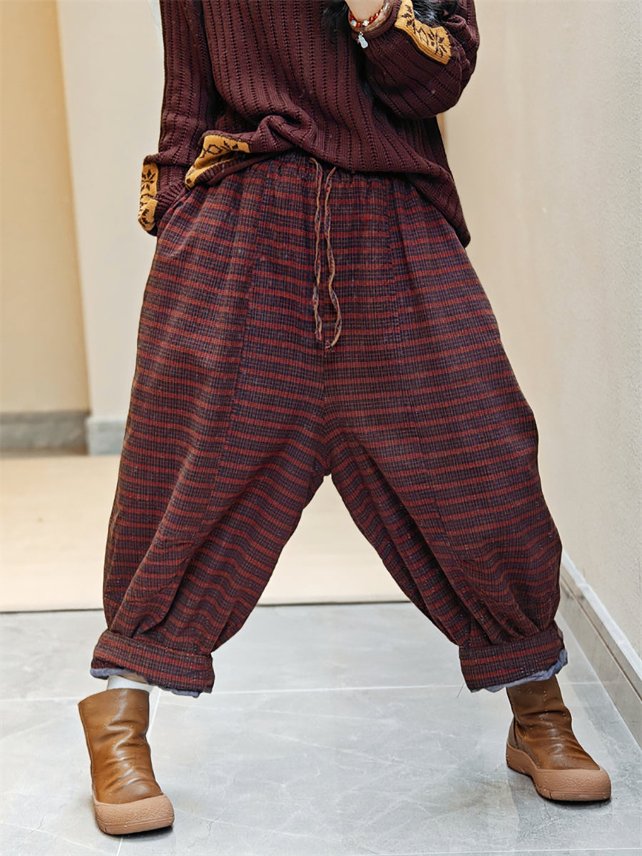 Women Winter Retro Stripe Cotton Padded Harem Pants