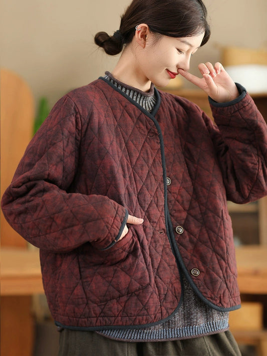 Women Autumn Retro V-Neck 100%Cotton Buttoned Padded Coat