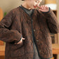 Women Autumn Retro V-Neck 100%Cotton Buttoned Padded Coat