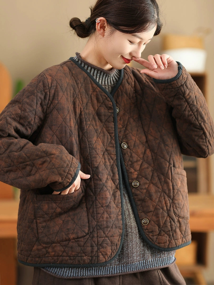 Women Autumn Retro V-Neck 100%Cotton Buttoned Padded Coat