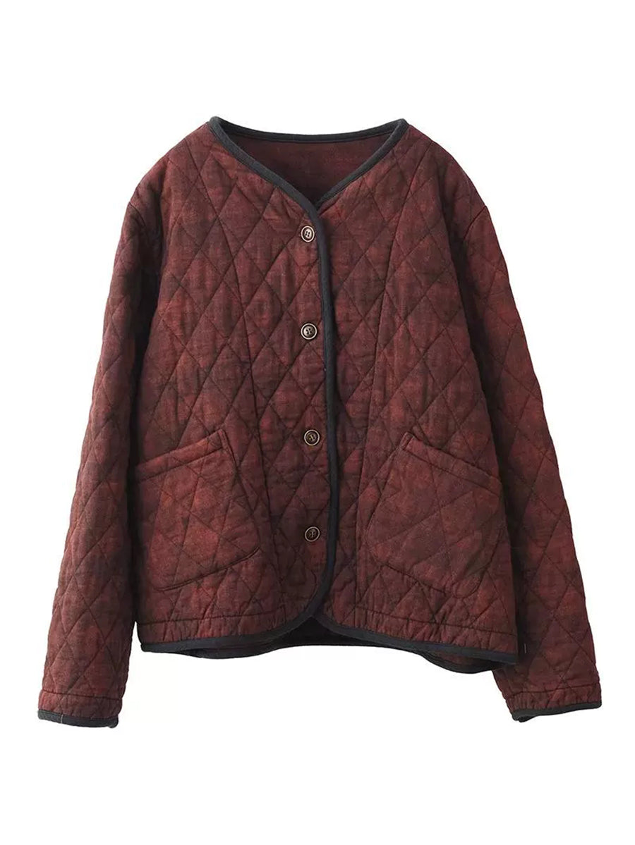 Women Autumn Retro V-Neck 100%Cotton Buttoned Padded Coat