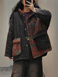 Women Autumn Retro Flower Colorblock Hooded Padded Coat