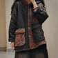 Women Autumn Retro Flower Colorblock Hooded Padded Coat