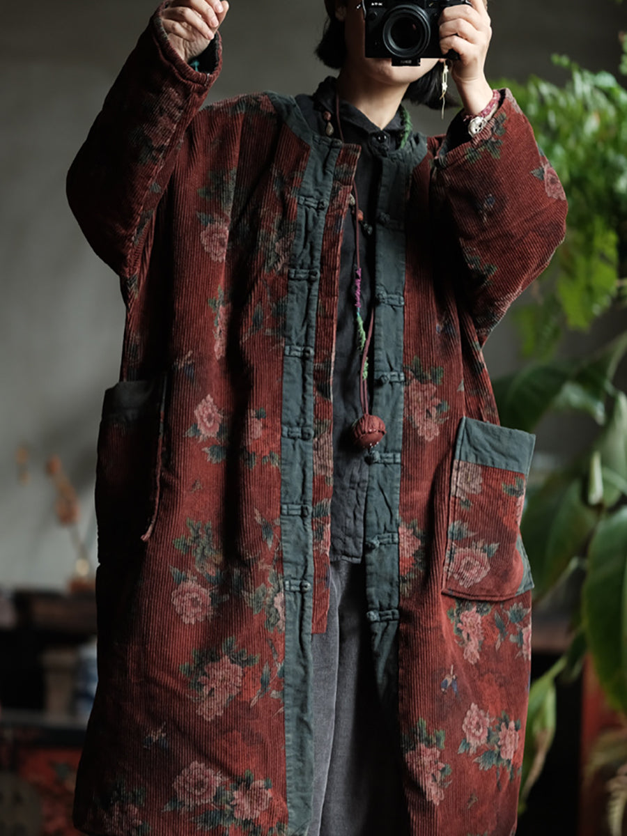 Women Autumn Retro Flower Corduroy O-Neck Long Coat