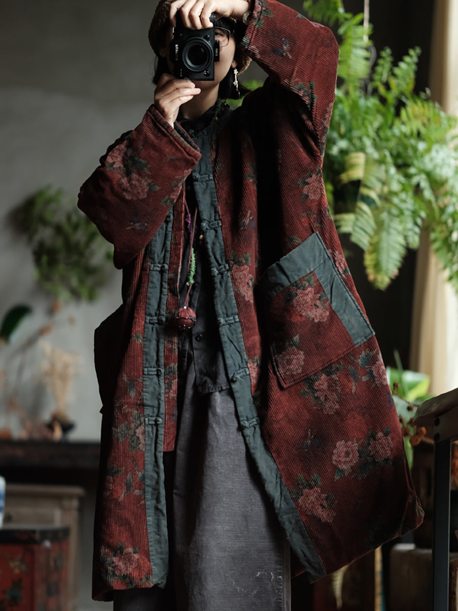 Women Autumn Retro Flower Corduroy O-Neck Long Coat