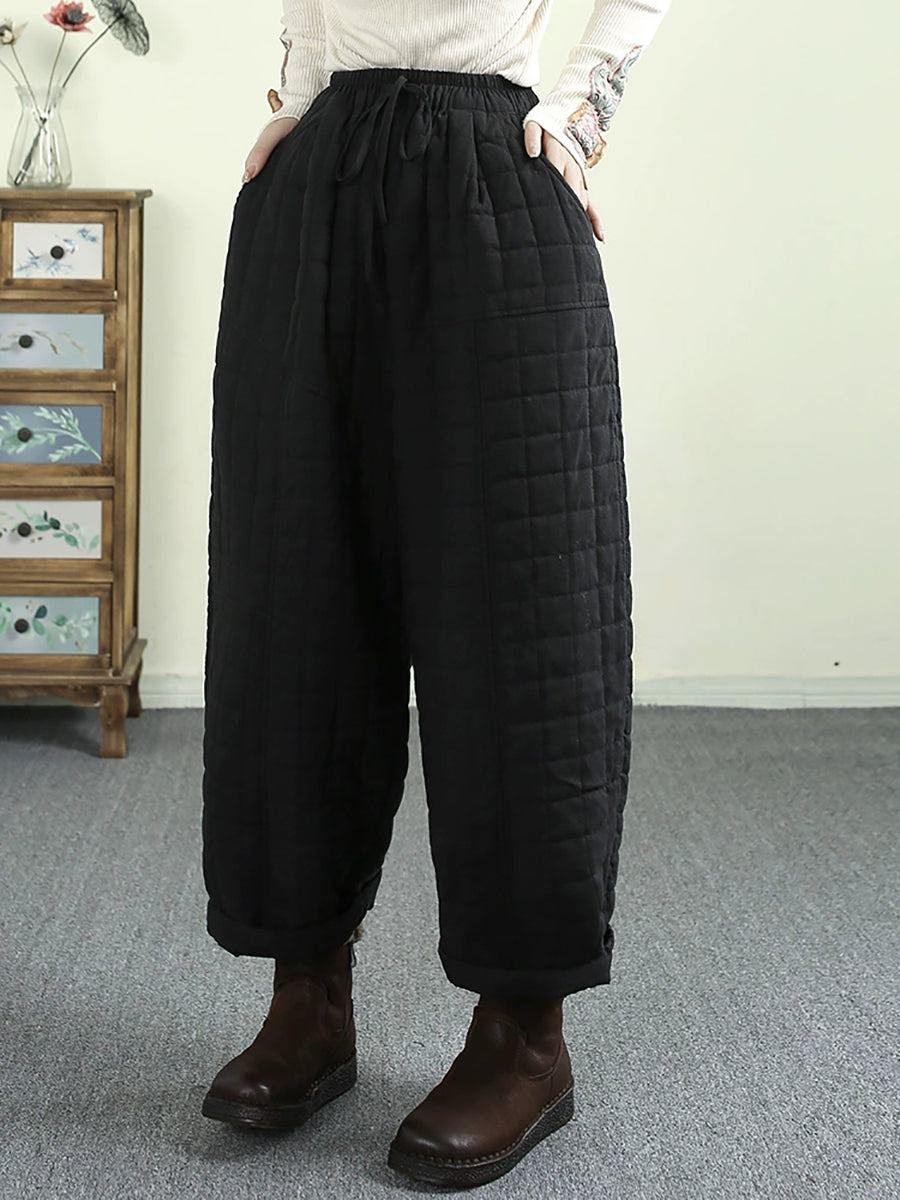 Women Winter Retro Solid Ramie Padded Harem Pants