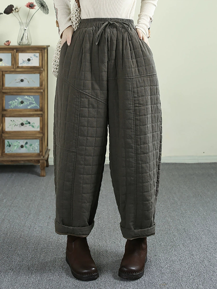 Women Winter Retro Solid Ramie Padded Harem Pants