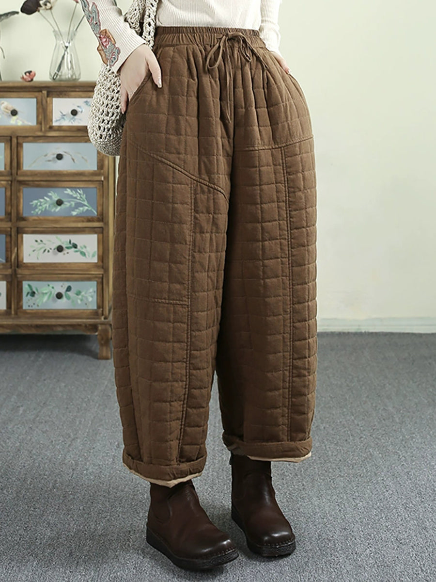 Women Winter Retro Solid Ramie Padded Harem Pants