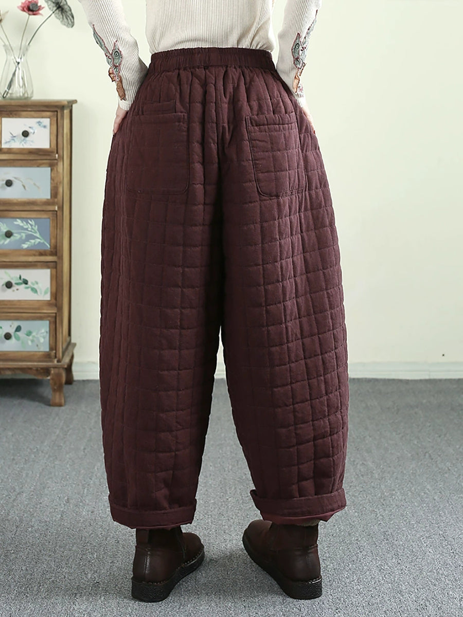 Women Winter Retro Solid Ramie Padded Harem Pants