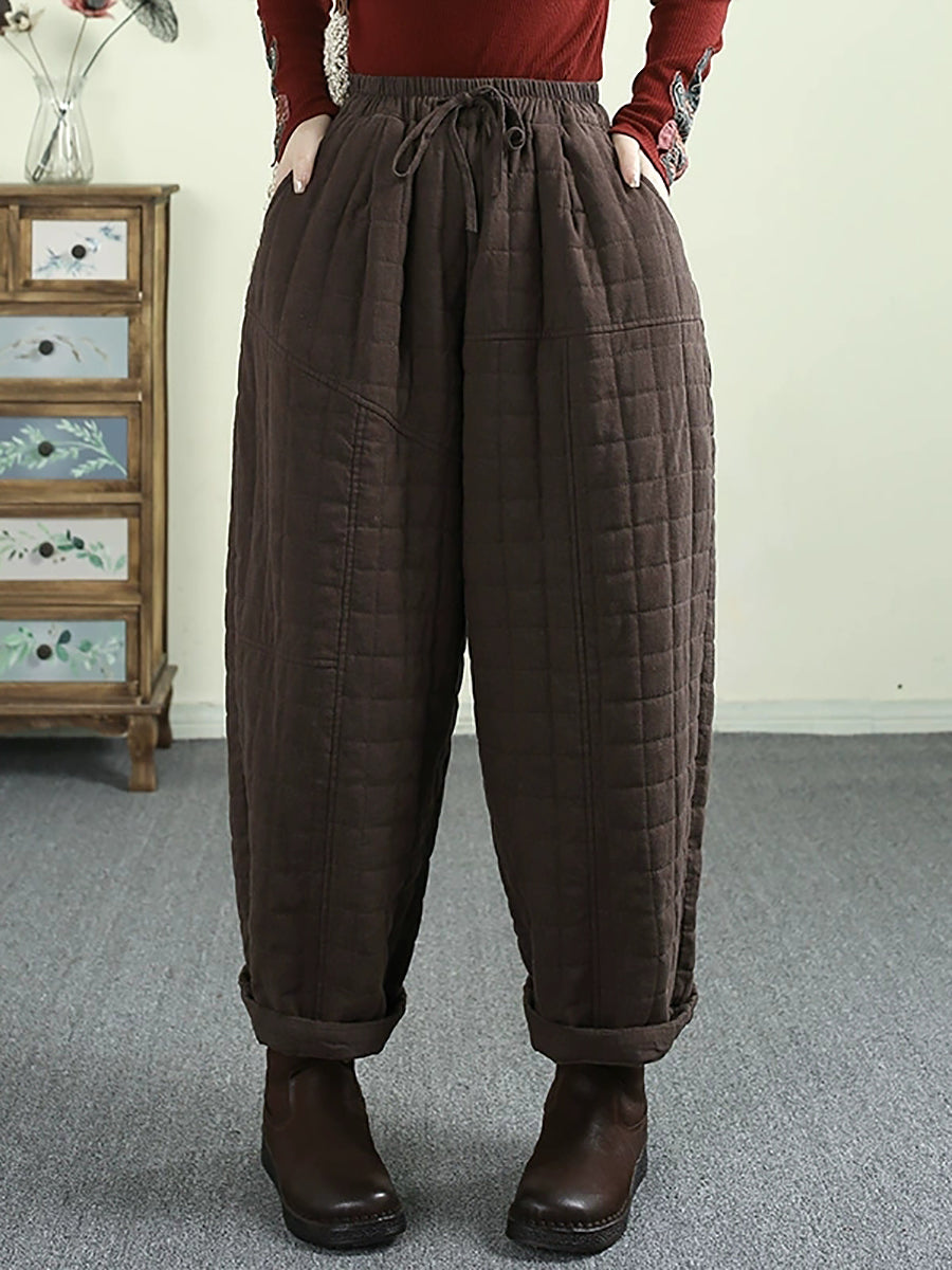 Women Winter Retro Solid Ramie Padded Harem Pants