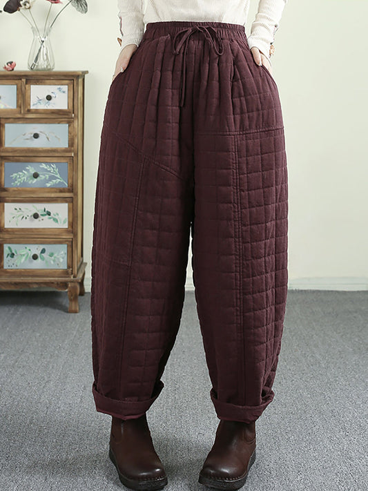 Women Winter Retro Solid Ramie Padded Harem Pants