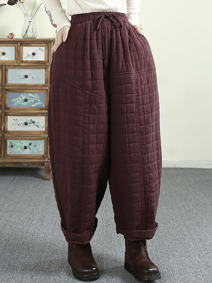 Women Winter Retro Solid Ramie Padded Harem Pants