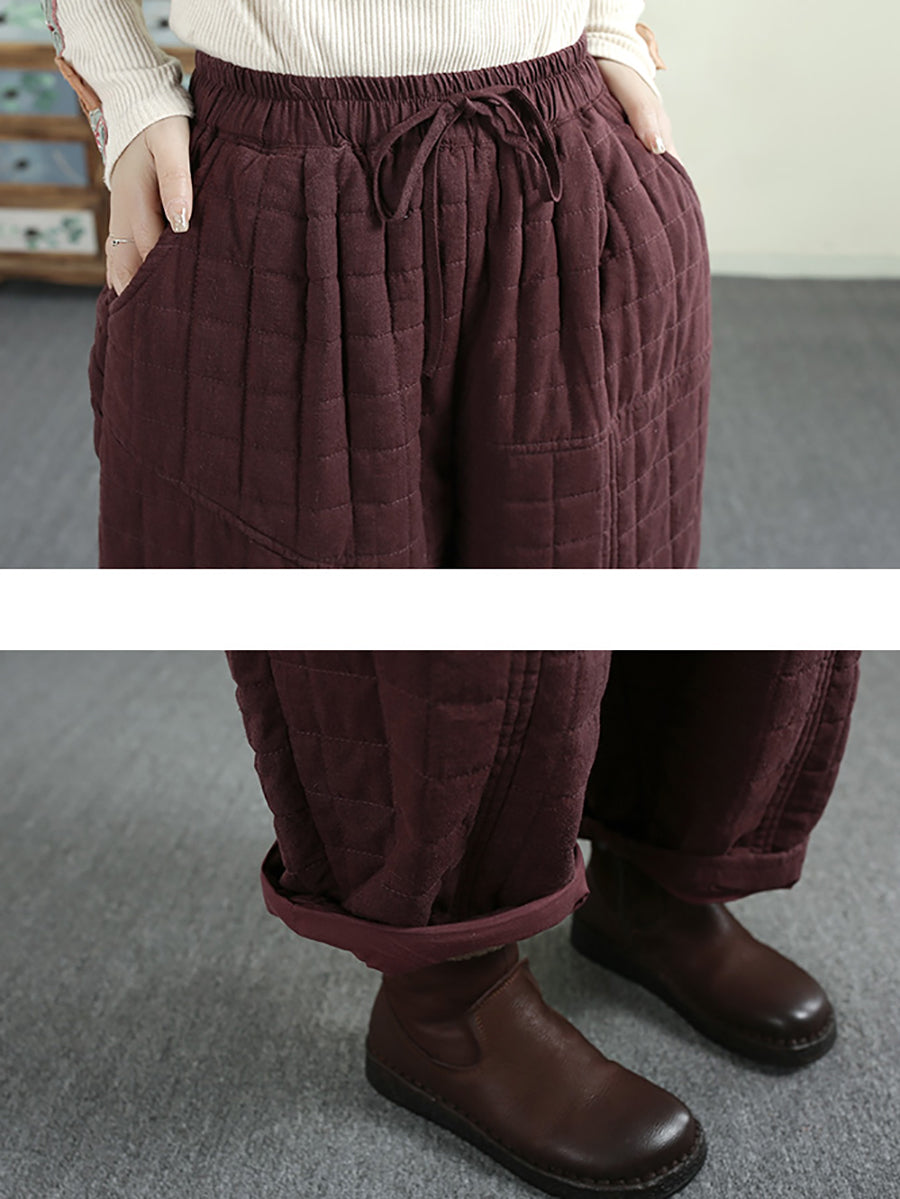 Women Winter Retro Solid Ramie Padded Harem Pants