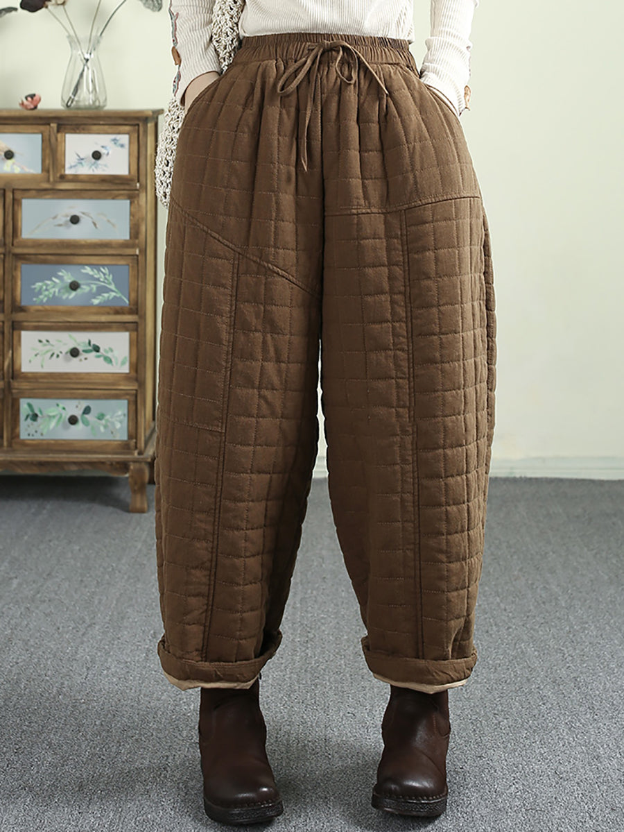 Women Winter Retro Solid Ramie Padded Harem Pants