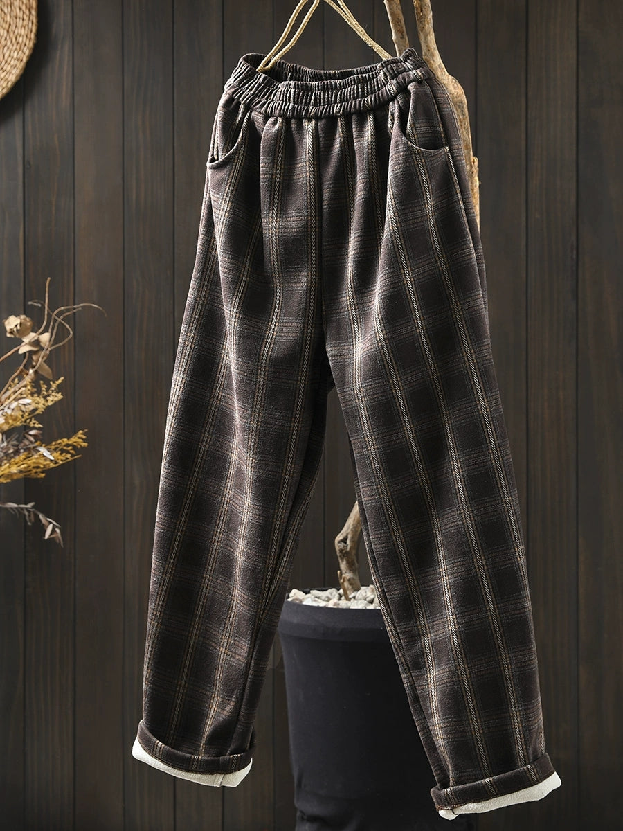 Women Winter Retro Plaid Fleece-lined Harem Pants