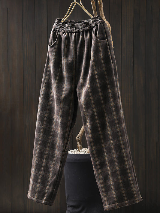 Women Winter Retro Plaid Fleece-lined Harem Pants