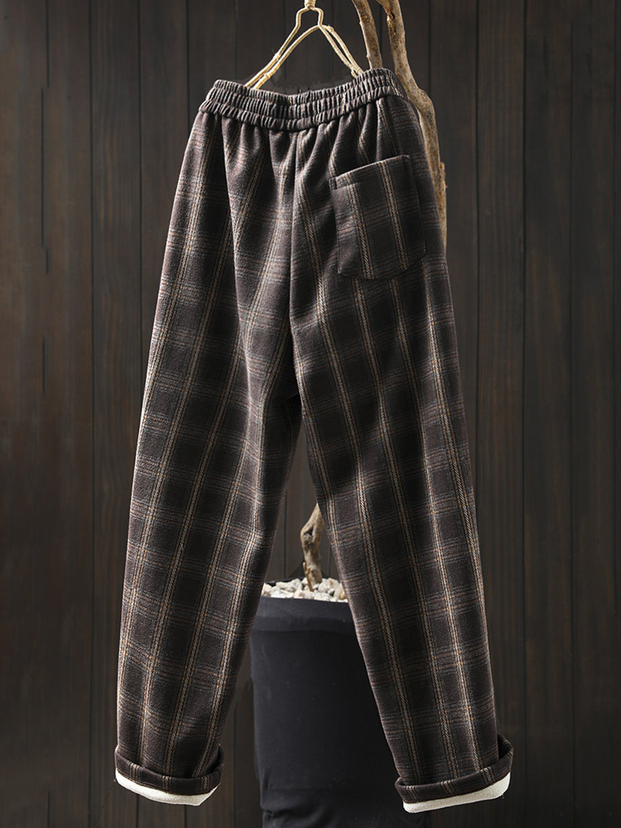 Women Winter Retro Plaid Fleece-lined Harem Pants