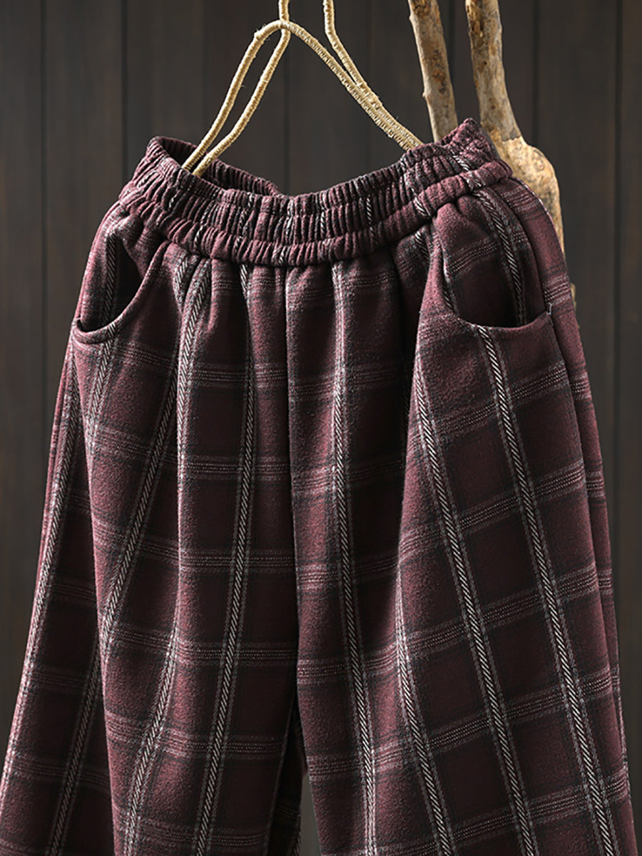 Women Winter Retro Plaid Fleece-lined Harem Pants