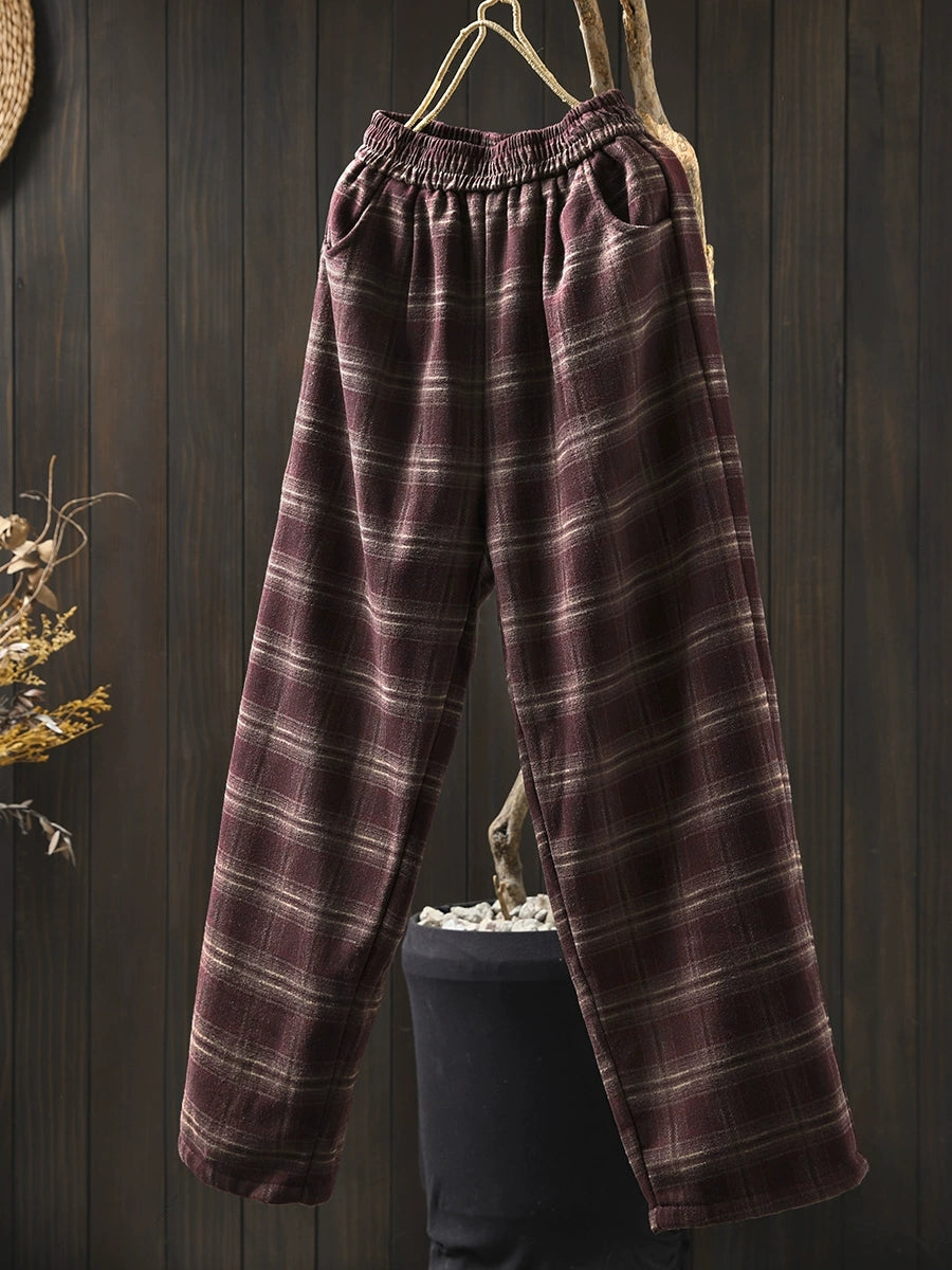 Women Winter Retro Plaid Fleece-lined Harem Pants