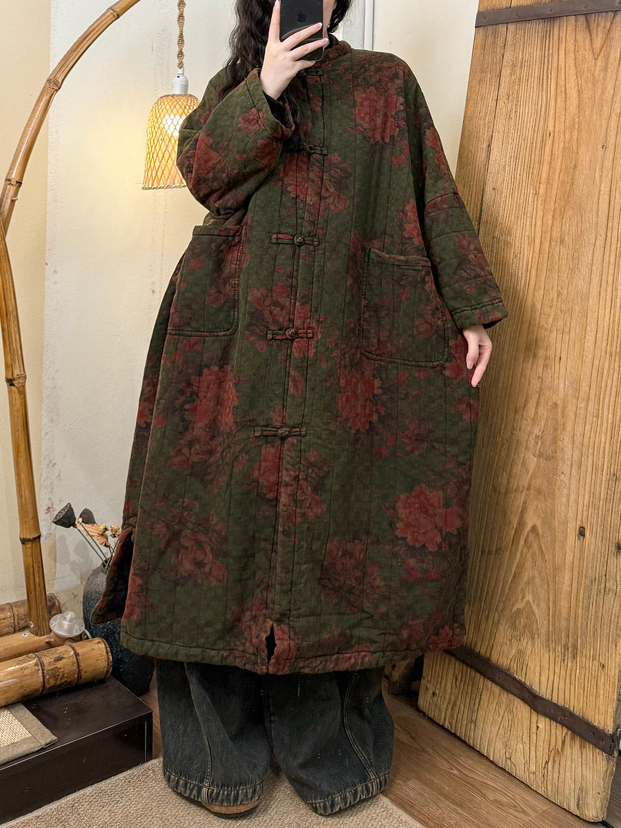 Women Autumn Retro Cotton Flower Padded Long Coat