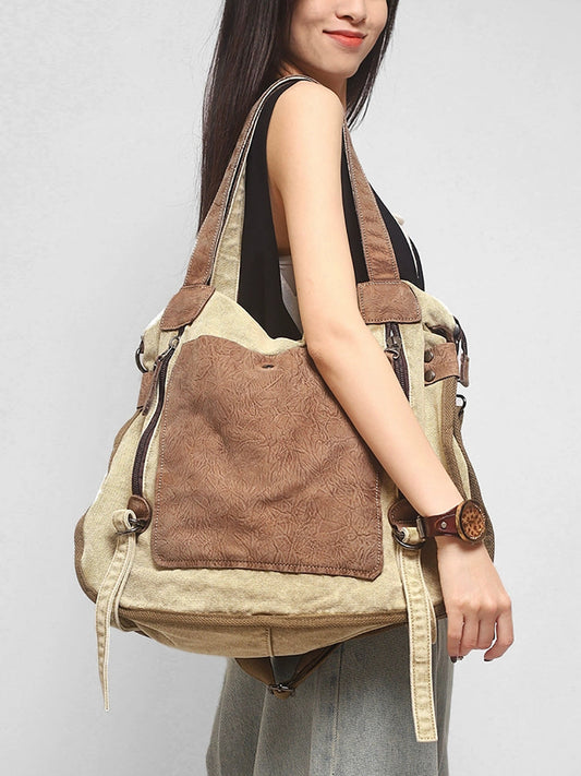 Women Casual Square Colorblock Canvas Shoulde Bag