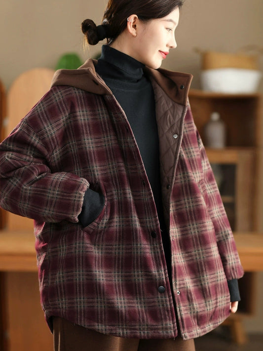 Women Autumn Retro Plaid Hooded Padded Coat