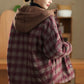 Women Autumn Retro Plaid Hooded Padded Coat