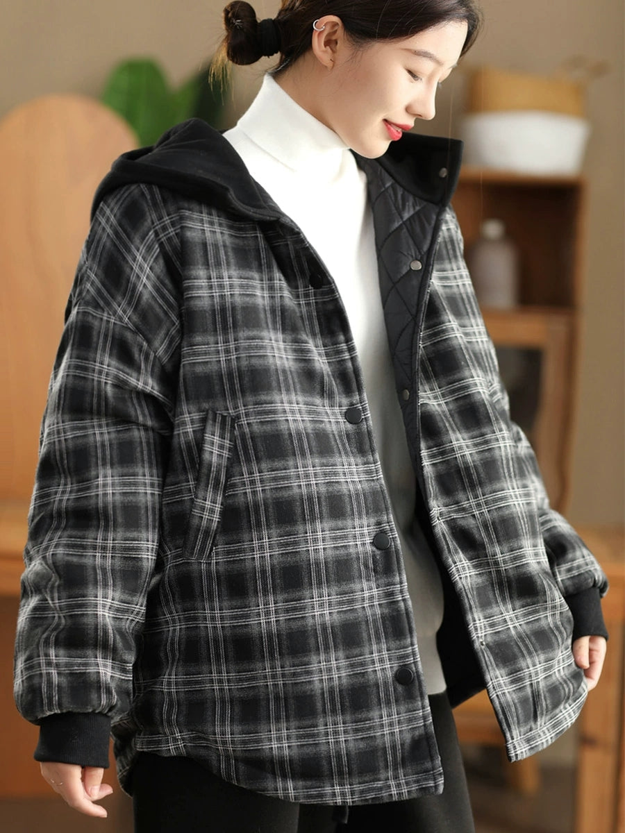 Women Autumn Retro Plaid Hooded Padded Coat