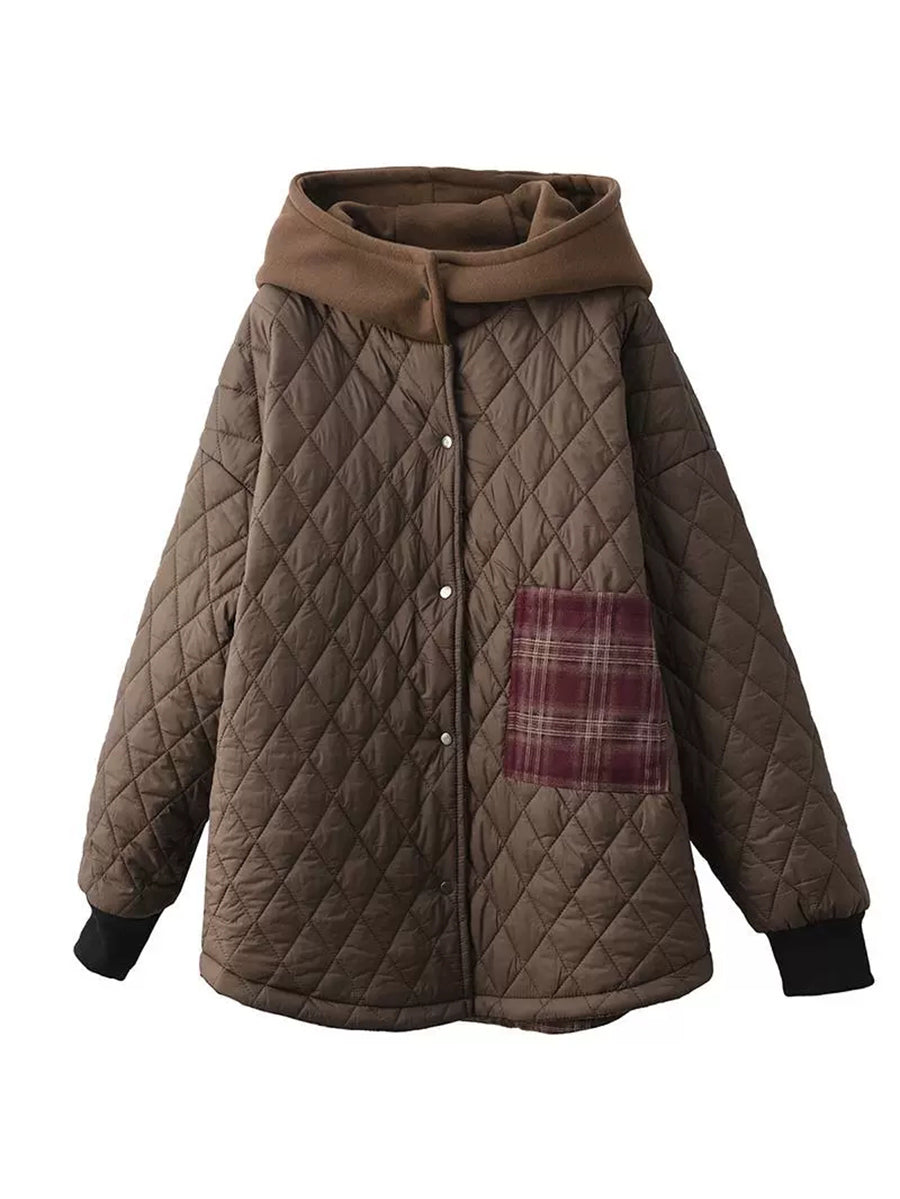 Women Autumn Retro Plaid Hooded Padded Coat