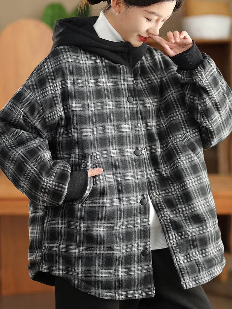 Women Autumn Retro Plaid Hooded Padded Coat