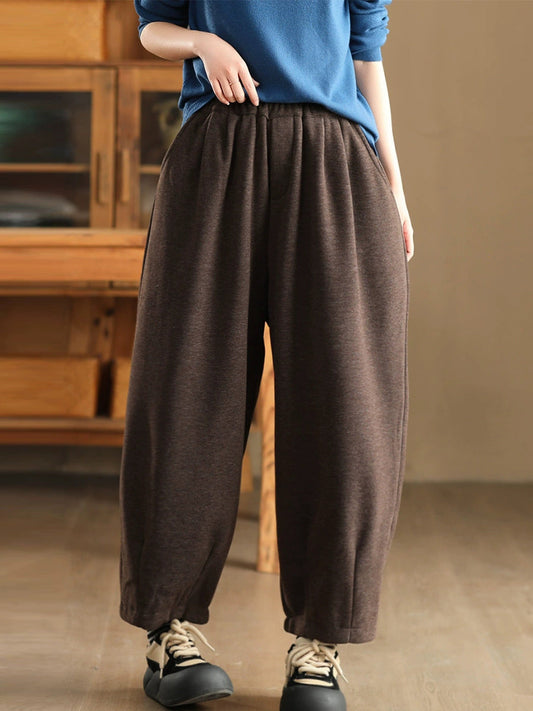 Women Winter Retro Solid Fleece-lined Harem Pants