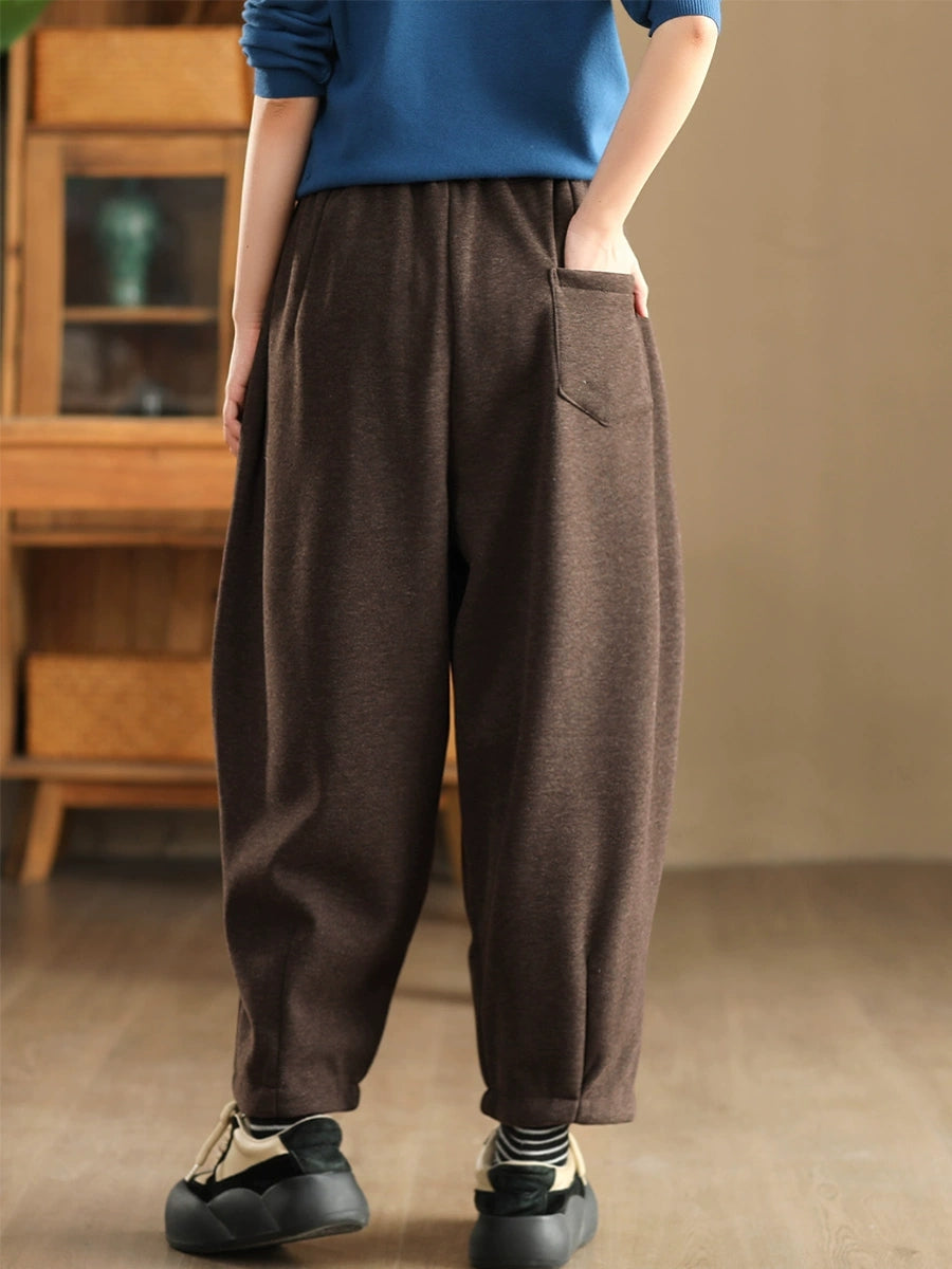 Women Winter Retro Solid Fleece-lined Harem Pants