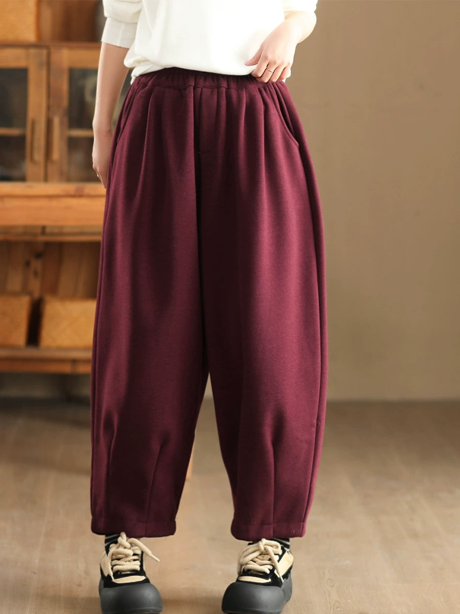 Women Winter Retro Solid Fleece-lined Harem Pants