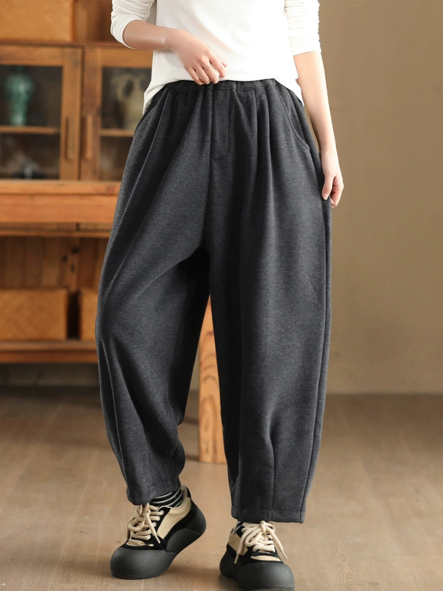 Women Winter Retro Solid Fleece-lined Harem Pants