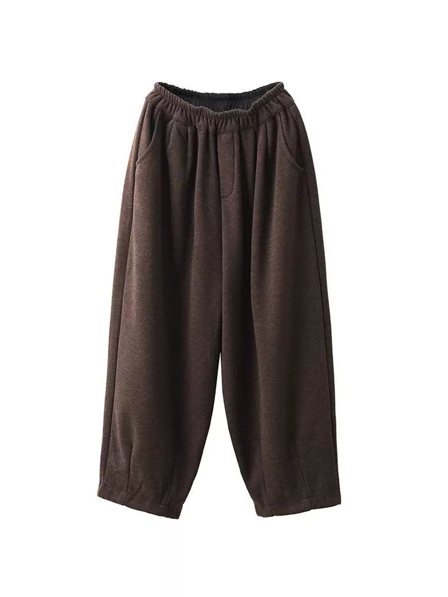 Women Winter Retro Solid Fleece-lined Harem Pants