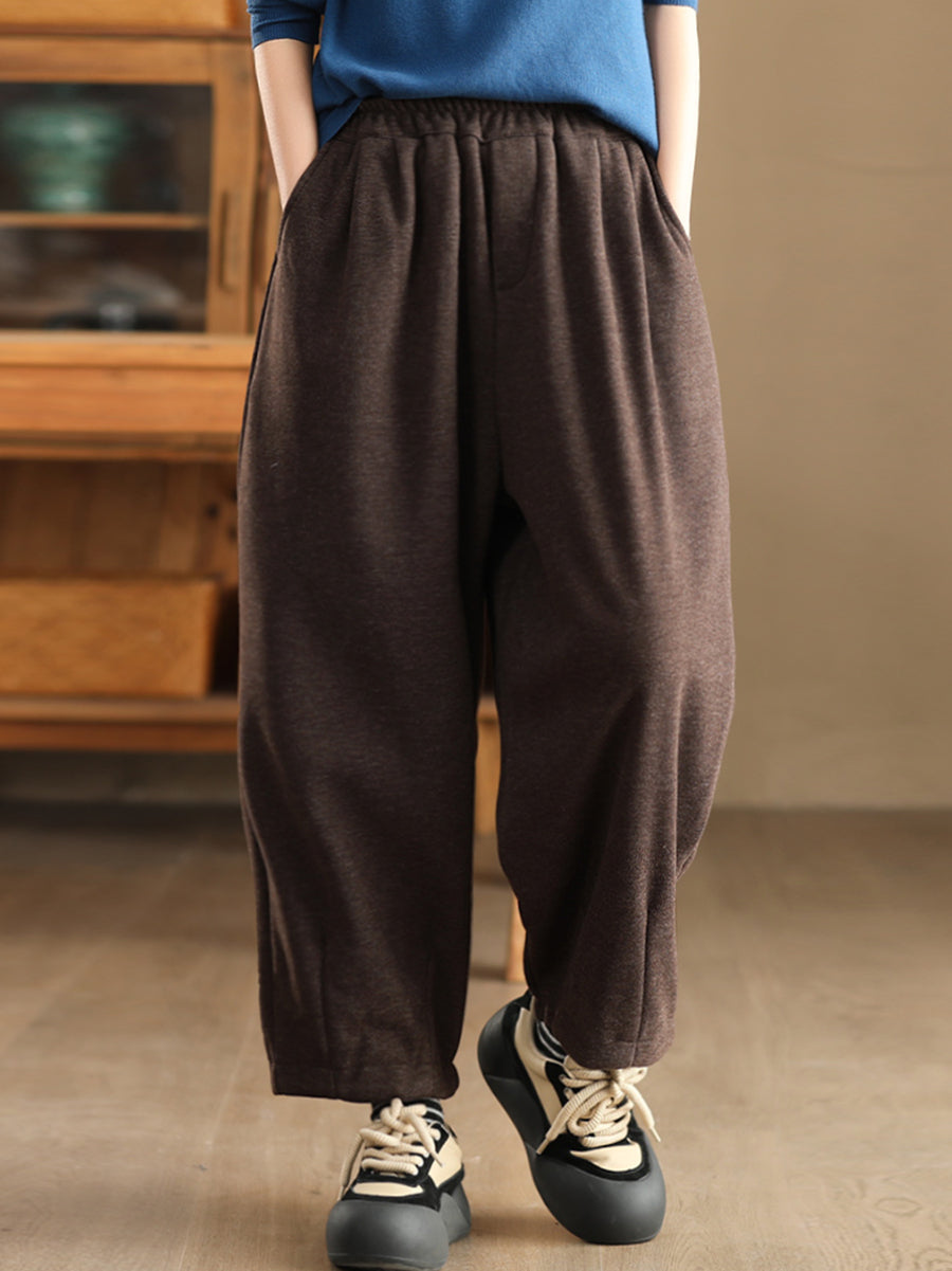 Women Winter Retro Solid Fleece-lined Harem Pants