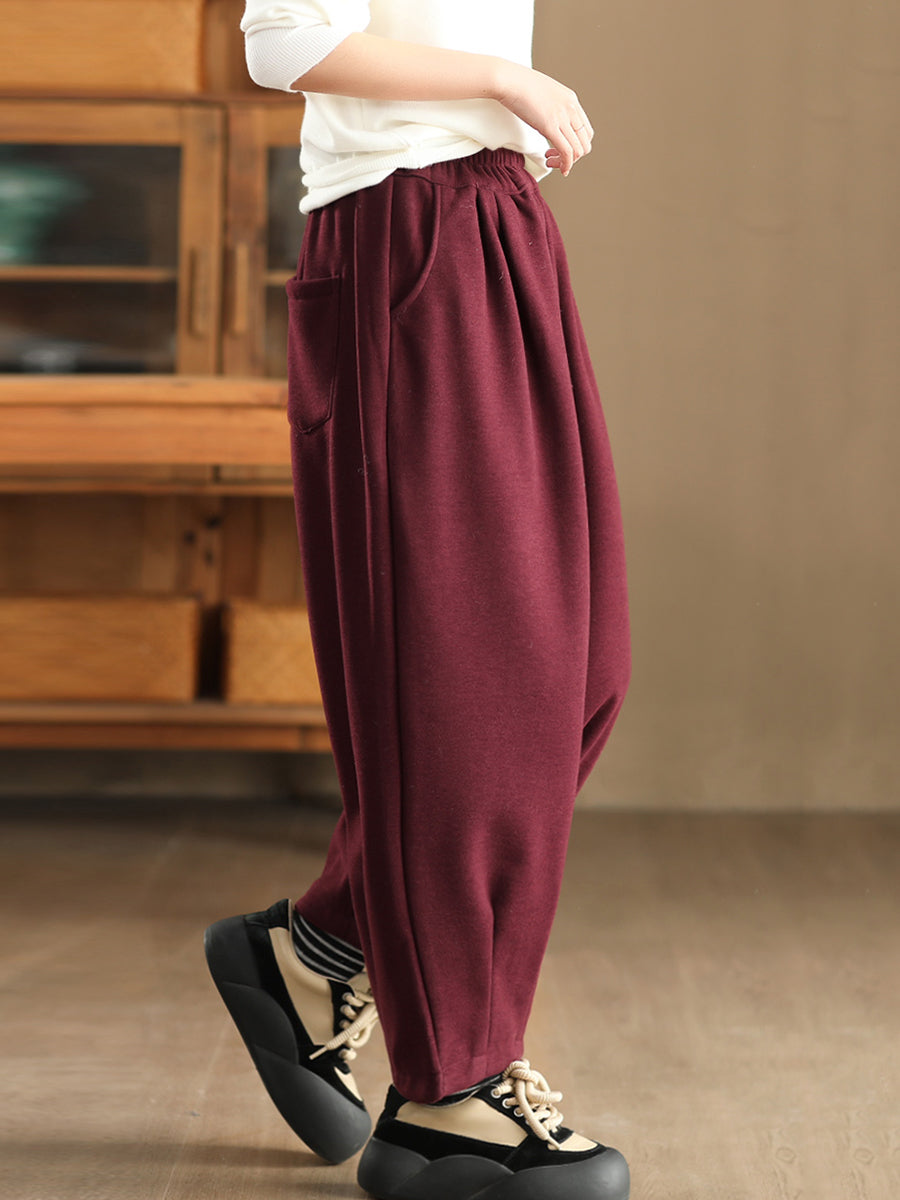 Women Winter Retro Solid Fleece-lined Harem Pants