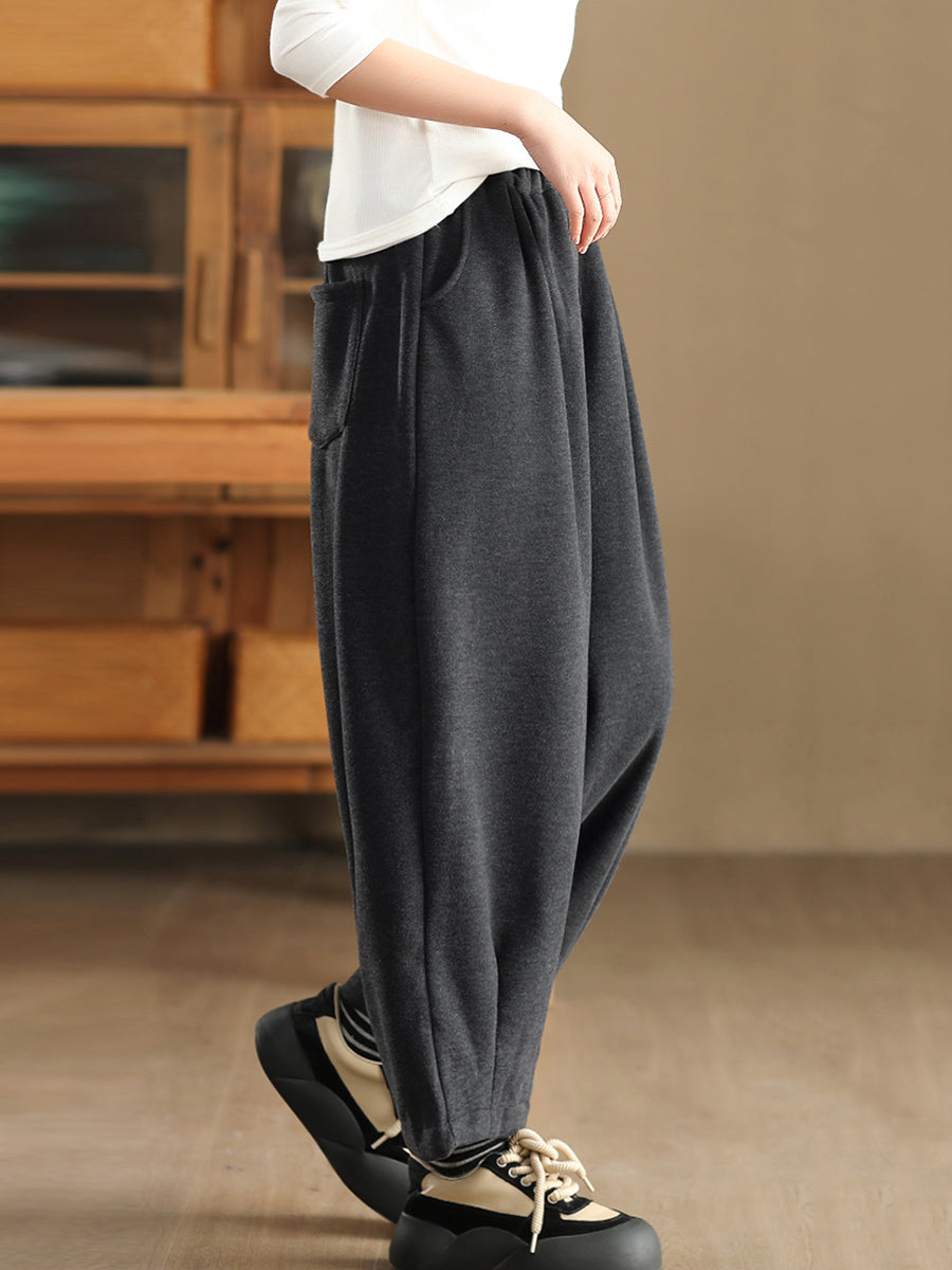 Women Winter Retro Solid Fleece-lined Harem Pants