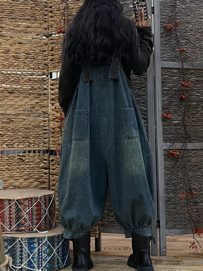 Women Vintage Solid Loose Denim Jumpsuits