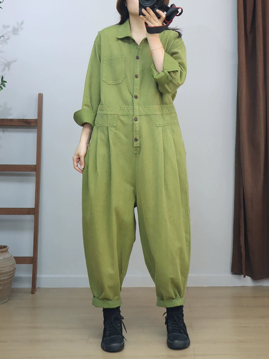 Women Vintage Solid Long Sleeve Loose Jumpsuits