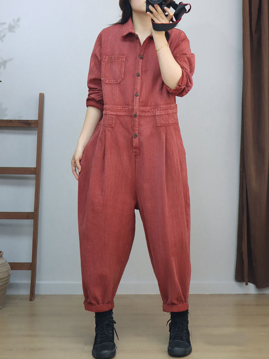 Women Vintage Solid Long Sleeve Loose Jumpsuits