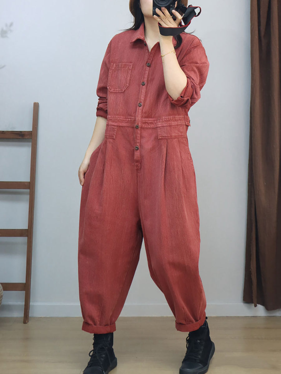 Women Vintage Solid Long Sleeve Loose Jumpsuits