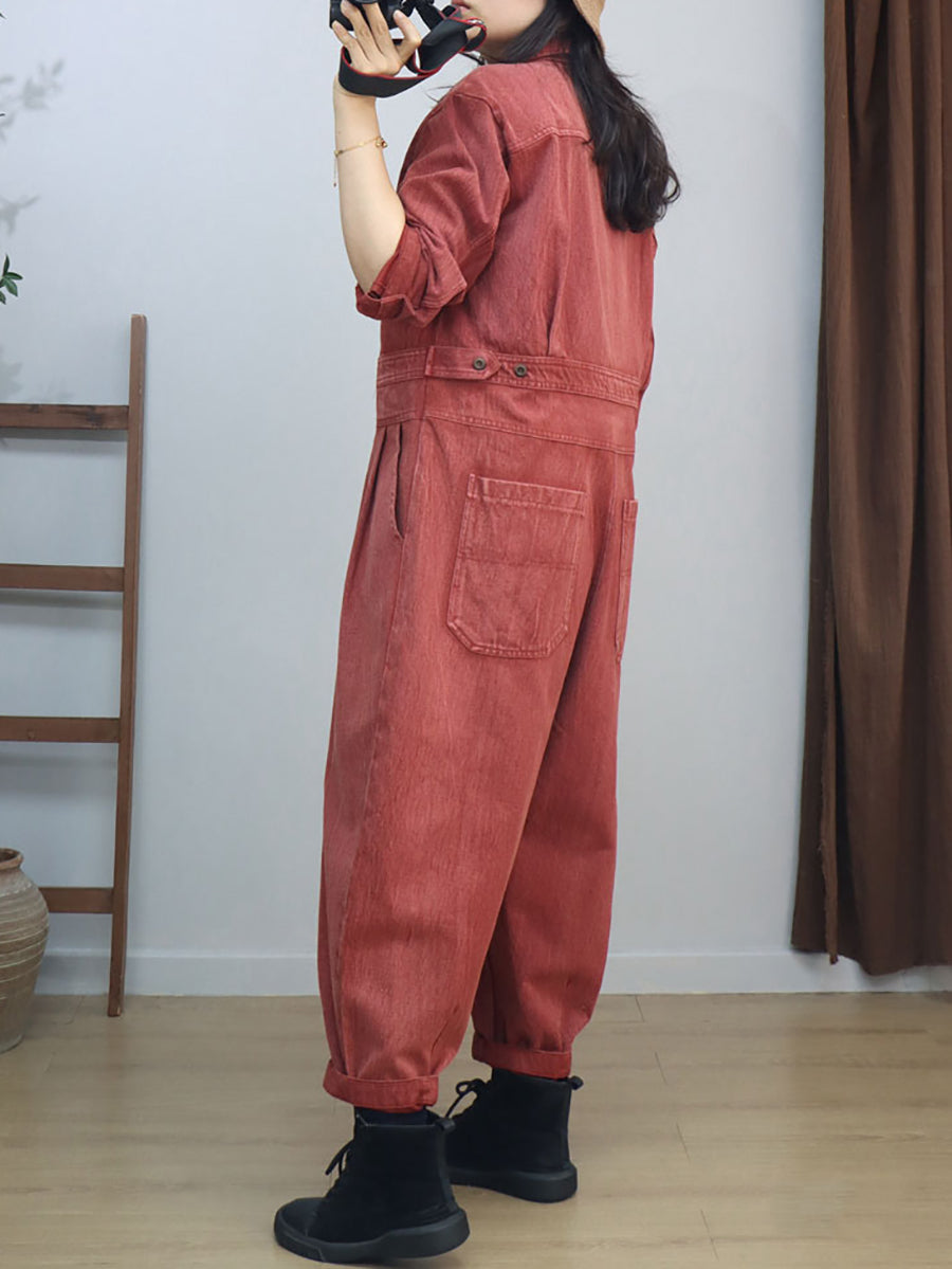 Women Vintage Solid Long Sleeve Loose Jumpsuits