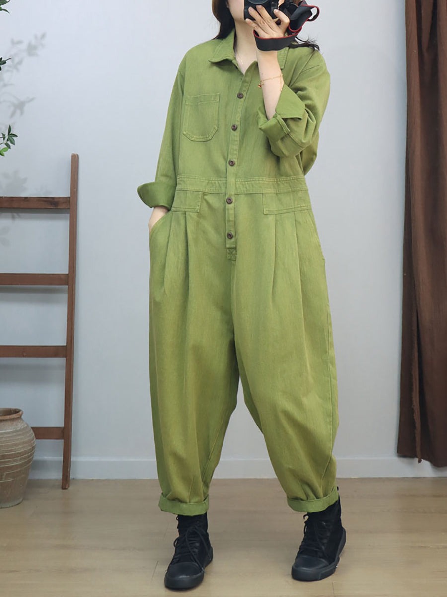 Women Vintage Solid Long Sleeve Loose Jumpsuits