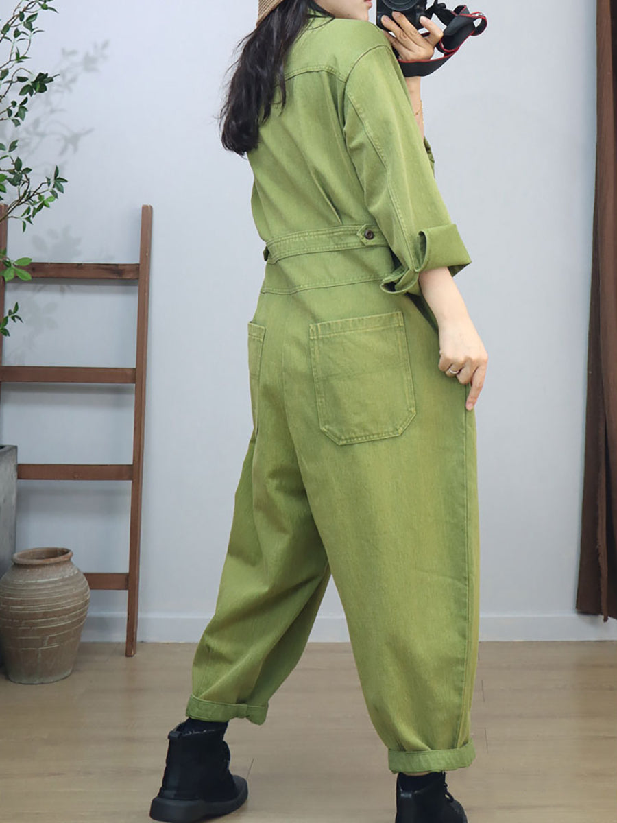 Women Vintage Solid Long Sleeve Loose Jumpsuits