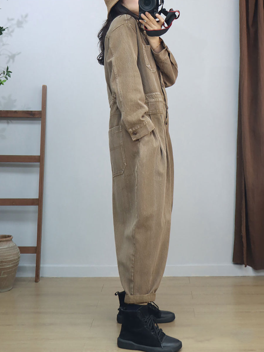 Women Vintage Solid Long Sleeve Loose Jumpsuits