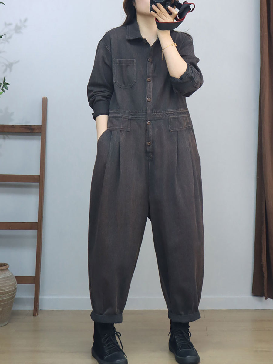 Women Vintage Solid Long Sleeve Loose Jumpsuits